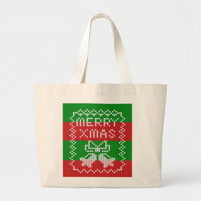Ugly sweater pattern jingle bells Merry Xmas yarn Large Tote Bag (Front)
