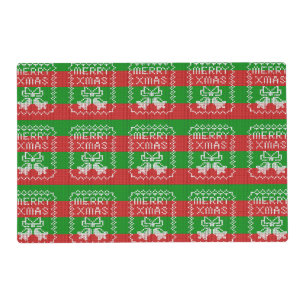 Ugly sweater pattern jingle bells Merry Xmas yarn Placemat