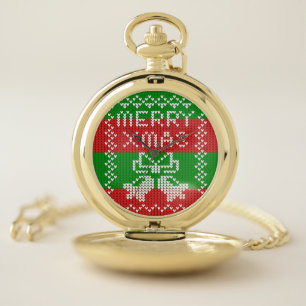 Ugly sweater pattern jingle bells Merry Xmas yarn Pocket Watch
