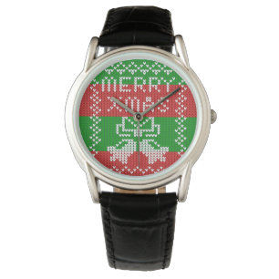 Ugly sweater pattern jingle bells Merry Xmas yarn Watch