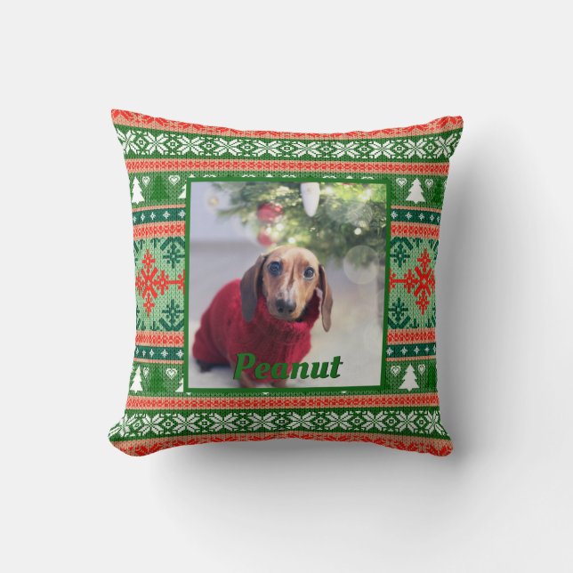 Ugly Sweater Pet Photo Christmas Knit Throw Pillow (Front)