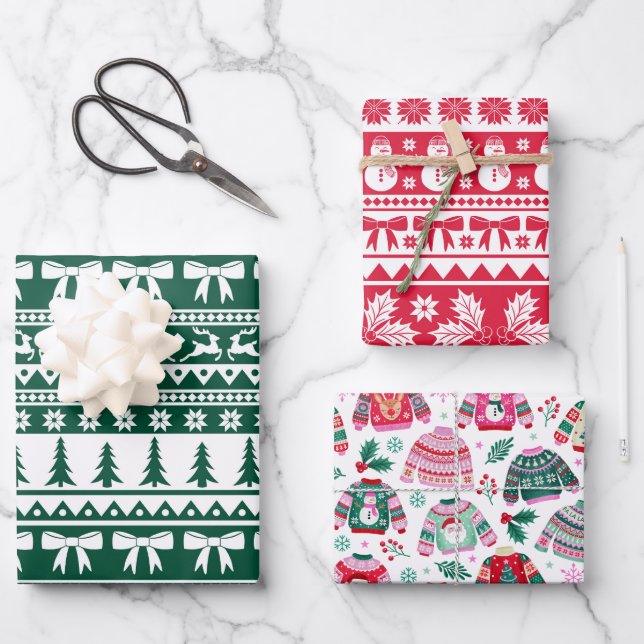 Ugly Sweater Pink, Red and Green Christmas  Wrapping Paper Sheets (Front)