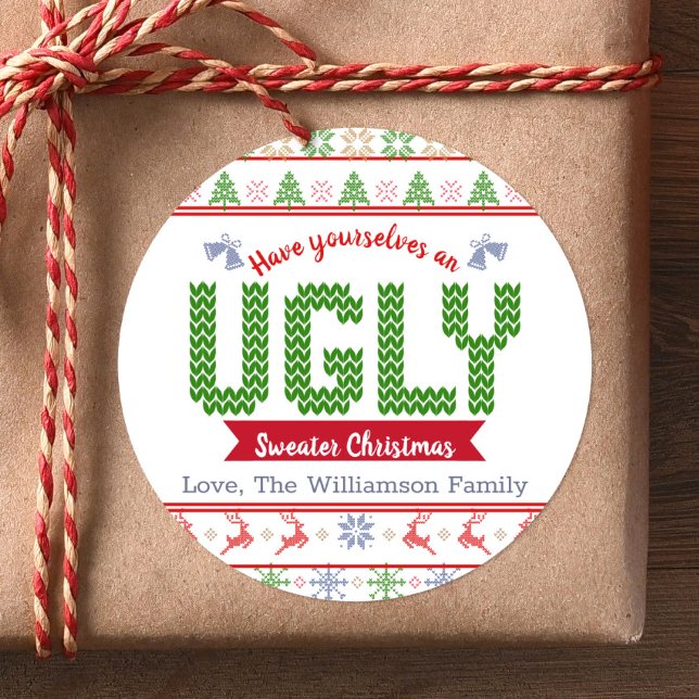 Ugly Sweater Red Green Christmas Tacky Nordic Knit Classic Round Sticker (Creator Uploaded)