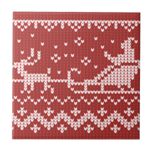 Ugly sweater Santa Claus sleigh and reindeers Ceramic Tile