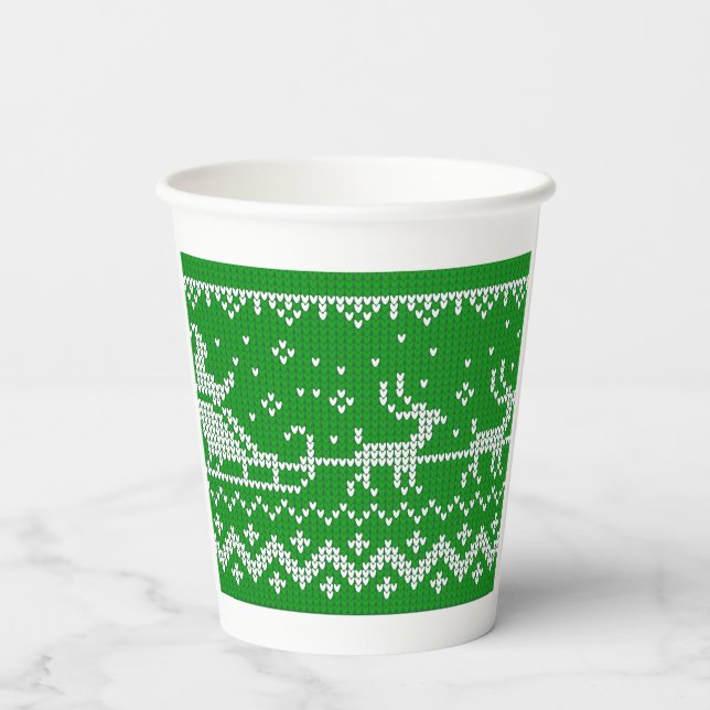 Ugly sweater Santa Claus sleigh and reindeers Paper Cups (Back)