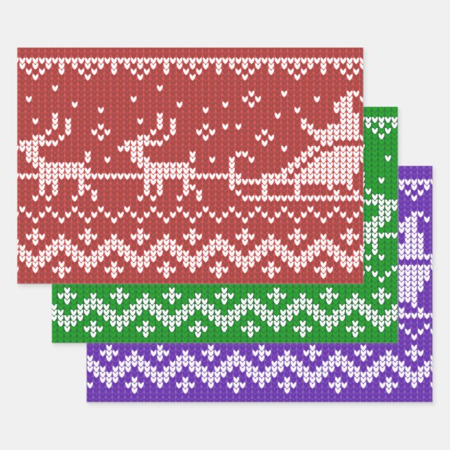 Ugly sweater Santa Claus sleigh and reindeers Wrapping Paper Sheets (Set)