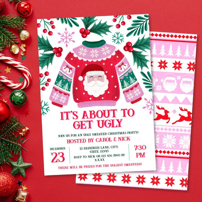 Ugly Sweater Santa Costume Party Green and Red Invitation (Ugly Sweater Santa Costume Party Green and Red Invitation)