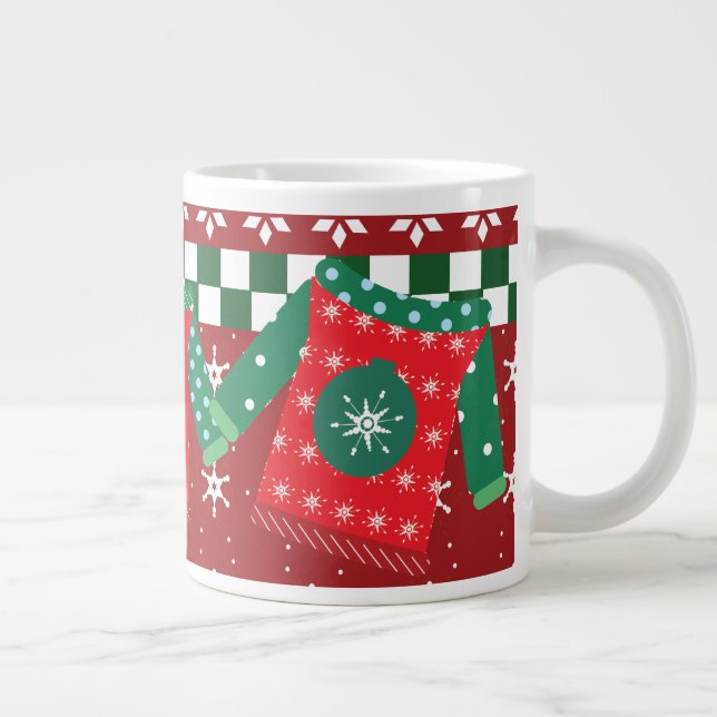 Ugly Sweater Snowflake Pattern Red Green   Giant Coffee Mug (Right)