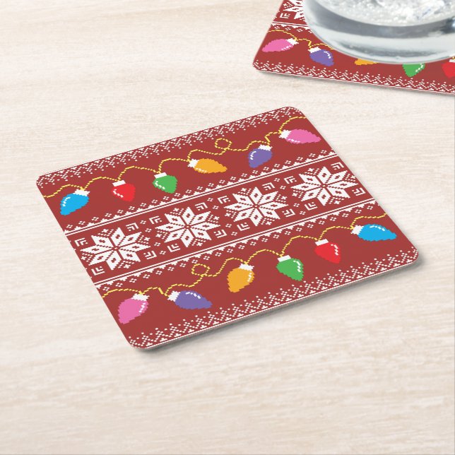 Ugly Sweater Snowflakes Christmas Lights Red Square Paper Coaster (Angled)