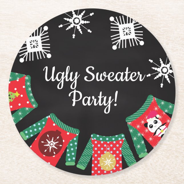 Ugly Sweater Snowflakes Round Paper Coaster (Front)