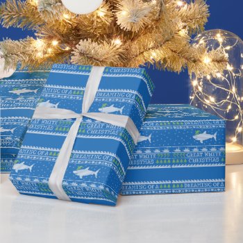 Ugly Sweater Style Great White Christmas Blue Wrapping Paper by BastardCard at Zazzle
