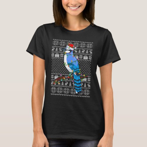 Ugly Sweater Style Xmas Lights Santa Blue Jay Bird