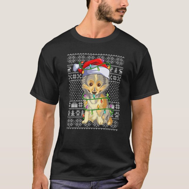 Ugly Sweater Style Xmas Lights Santa Sheltie Dog C (Front)