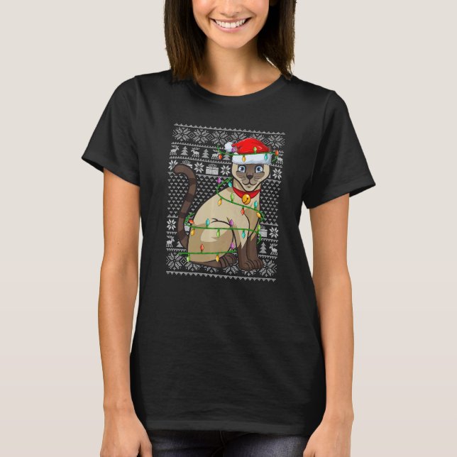 Ugly Sweater Style Xmas Lights Santa Siamese Cat C (Front)
