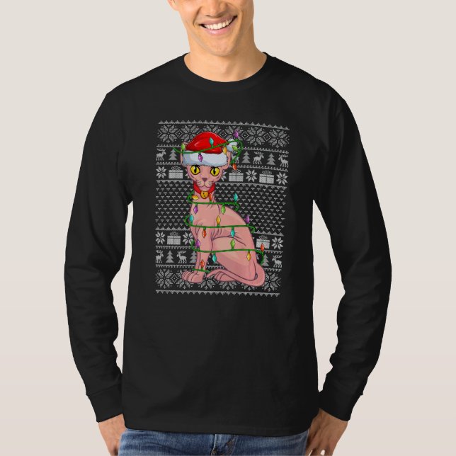 Ugly Sweater Style Xmas Lights Santa Sphynx Cat Ch (Front)