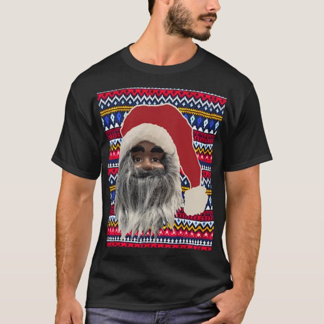 Ugly Sweater T-shirt Black Santa funny party (Front)