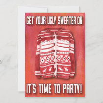 Ugly Sweater Time To Party Family Red Watercolor Invitation