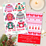 Ugly Sweater Tis The Season Family Christmas Holiday Card<br><div class="desc">This ugly sweater design features 6 ugly sweaters with reindeer, Christmas trees, Santa a snowman and more in a color palette of red, green and pink. The text reads 'Tis The Season' with your family name and year, all of which can be customised. On the back of the card is...</div>