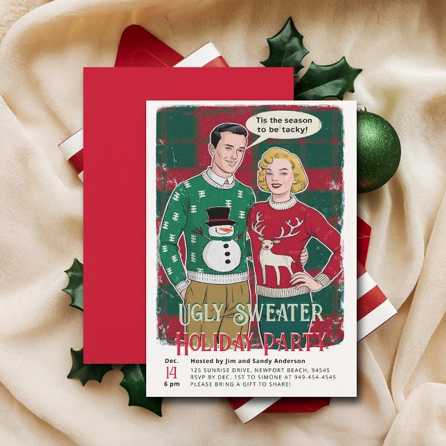 Ugly Sweater Vintage Funny Retro Christmas Party Invitation (vintage christmas party nvitation retro funny ugly sweater ad brunch couple family office)