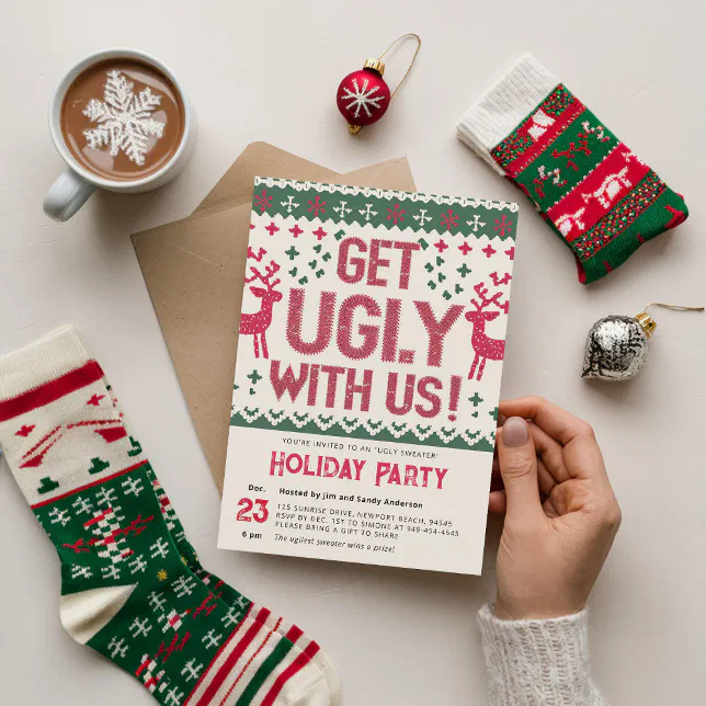 Ugly Sweater Vintage Retro Red Christmas Party Invitation | Zazzle