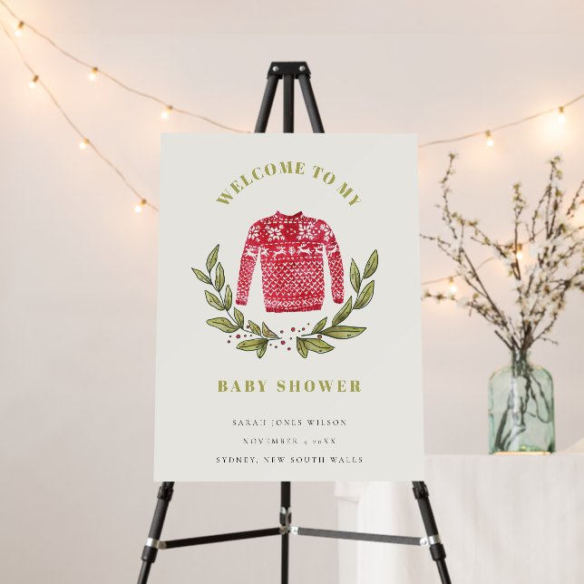 Ugly Sweater Winter Red Green Baby Shower Welcome Foam Board (In Situ (Stand))