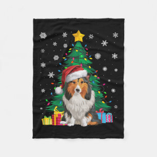 Ugly Sweater Xmas Tree Light Shetland Sheepdog Dog Fleece Blanket