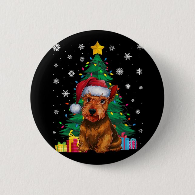 Ugly Sweater Xmas Tree Lights Scottish Terrier Dog Button (Front)