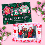 Ugly Sweaters with Santa, Reindeer & Snowmen Photo Holiday Card<br><div class="desc">This tacky ugly sweater design features three jumpers with Santa, reindeer and snowmen surrounded by holly and berries, greenery and snowflakes. On the back of the card is a faux knit ugly sweater design with a polaroid style frame and space to add your own photo and short message. You can...</div>