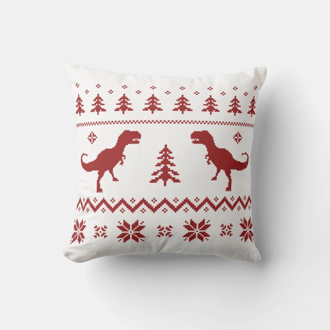 Ugly T-Rex Dinosaur Christmas Sweater Throw Pillow (Front)