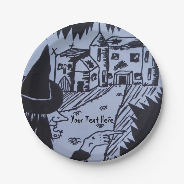ugly witch knarled hand haunted house halloween paper plates (Front)