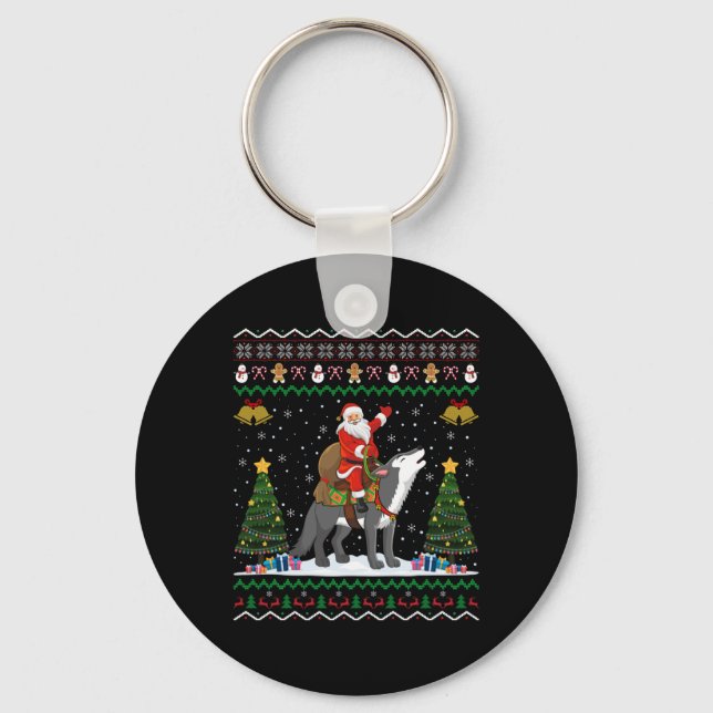 Ugly Wolf Xmas Gift Santa Riding Wolf Christmas  Keychain (Front)