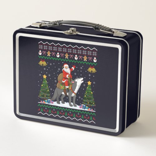 Ugly Wolf Xmas Gift Santa Riding Wolf Christmas  Metal Lunch Box
