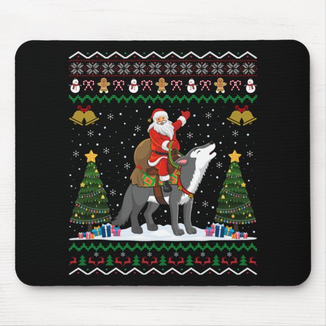 Ugly Wolf Xmas Gift Santa Riding Wolf Christmas  Mouse Pad (Front)