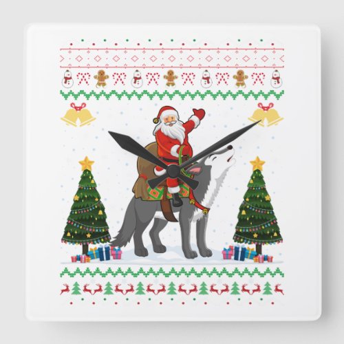 Ugly Wolf Xmas Gift Santa Riding Wolf Christmas  Square Wall Clock