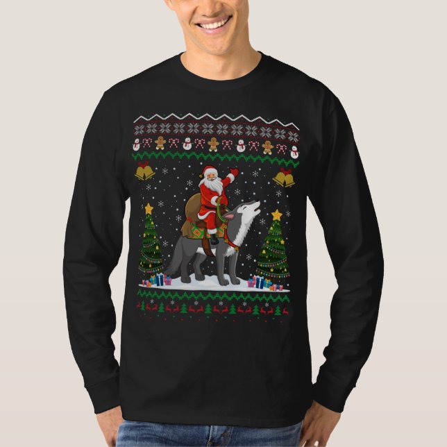 Ugly Wolf Xmas Gift Santa Riding Wolf Christmas T-Shirt (Front)
