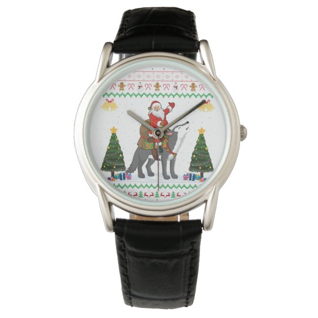 Ugly Wolf Xmas Gift Santa Riding Wolf Christmas  Watch (Front)