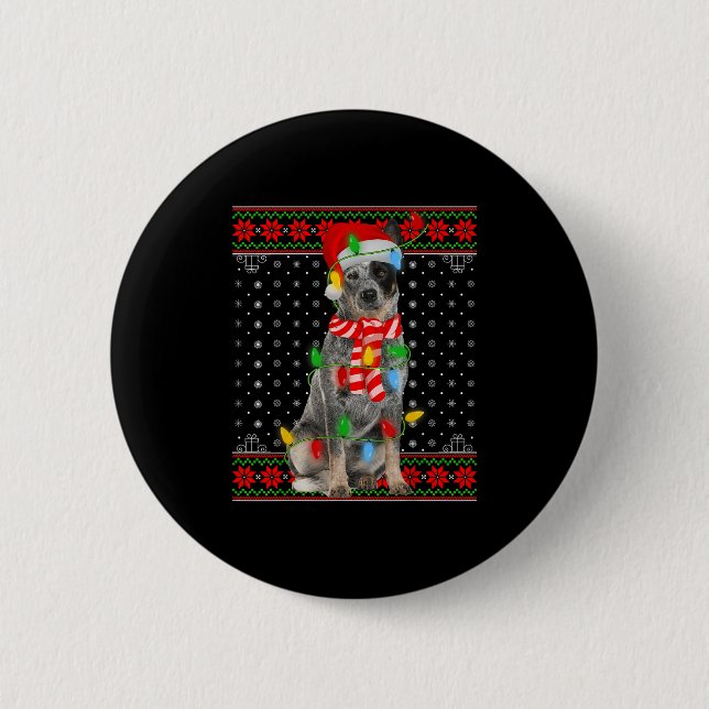 Ugly Xmas Dog Lights Santa Hat Blue Heeler Dog Chr Button (Front)