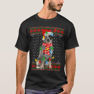 Ugly Xmas Dog Lights Santa Hat Blue Heeler Dog Chr T-Shirt