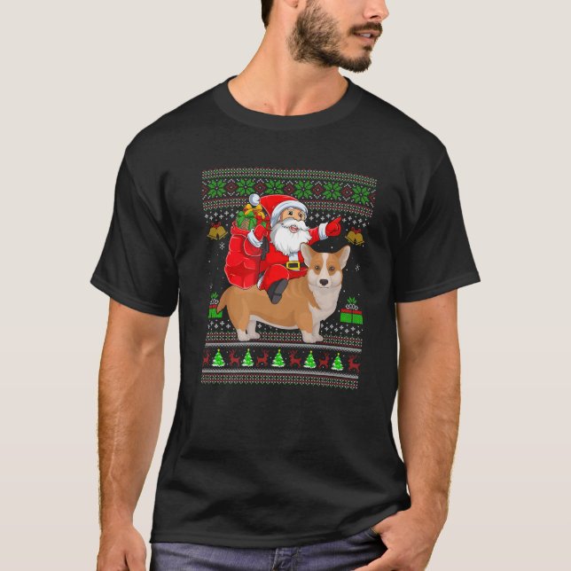 Ugly Xmas Funny Santa Claus Riding Corgi Christmas T-Shirt (Front)