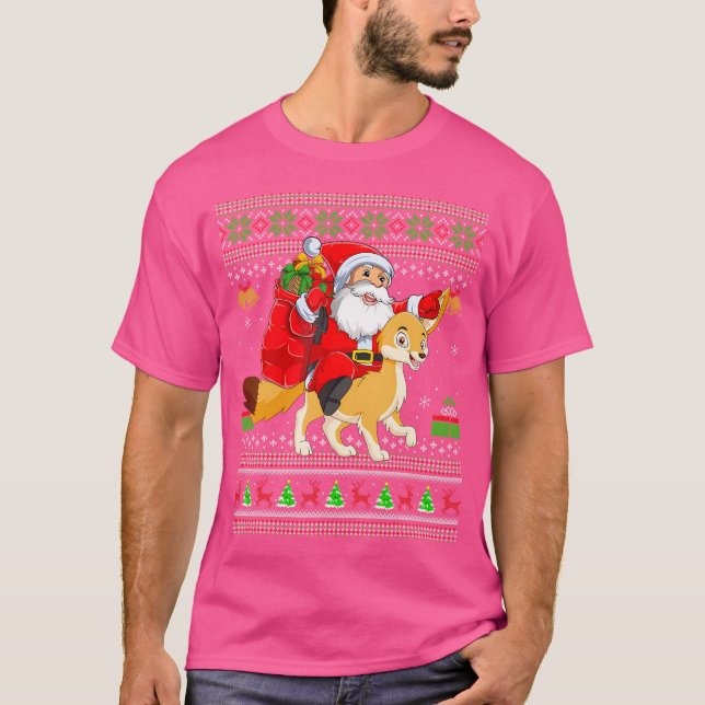 Ugly Xmas Funny Santa Claus Riding Fennec Fox Chri T-Shirt (Front)