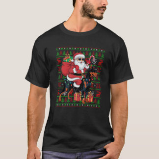 Ugly Xmas Light Santa Riding Doberman Pinscher Dog T-Shirt