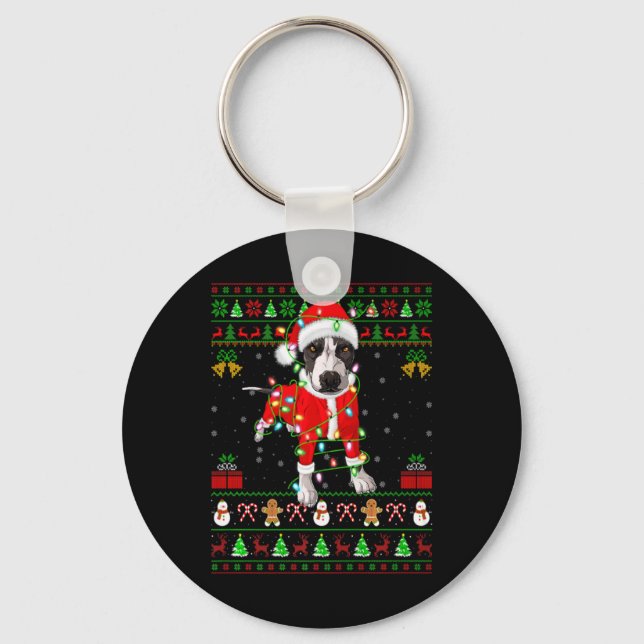 Ugly Xmas Lights Santa Tbull Dog Christmas  Keychain (Front)