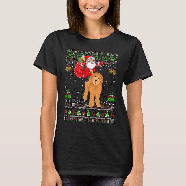 Ugly Xmas Santa Riding Goldendoodle Dog Christmas T-Shirt (Front)