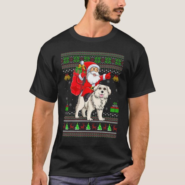 Ugly Xmas Santa Riding Great Pyrenees Dog Christma T-Shirt (Front)