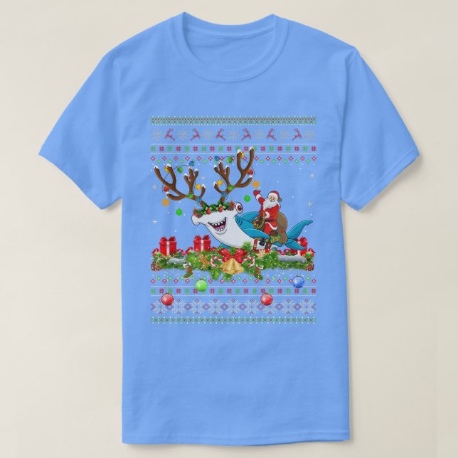 Ugly Xmas Santa Riding Hammerhead Shark Christmas T-Shirt (Design Front)