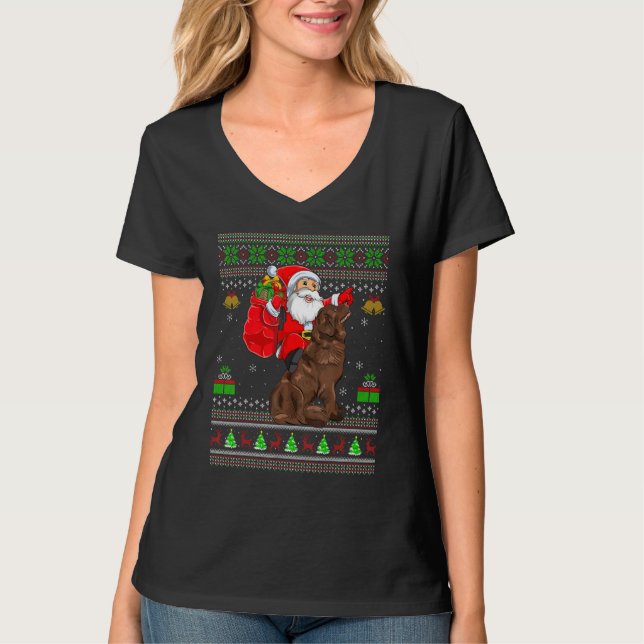 Ugly Xmas Santa Riding Newfoundland Dog Christmas T-Shirt (Front)