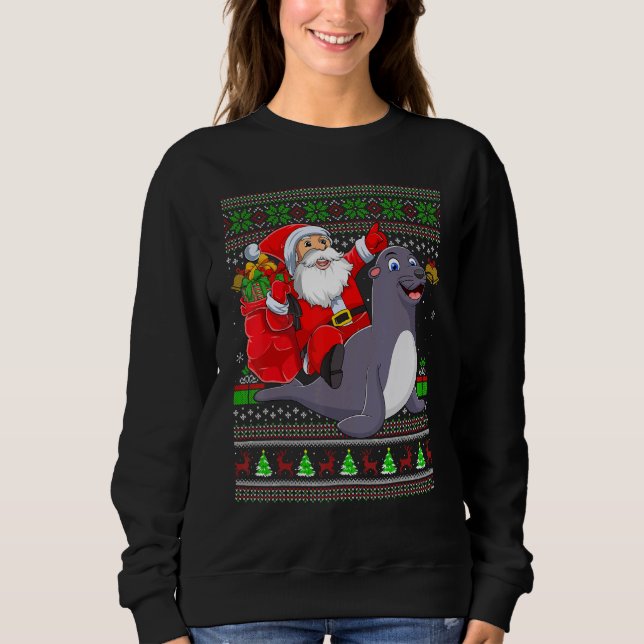 Ugly Xmas Santa Riding Seals Christmas Sweatshirt (Front)