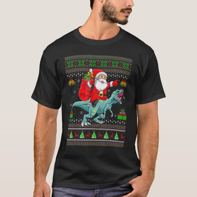 Ugly Xmas Santa Riding Tyrannosaurus Dinosaur Chri T-Shirt (Front)