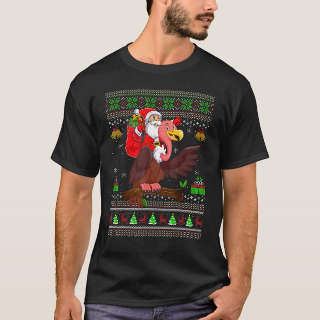 Ugly Xmas Santa Riding Vulture Bird Christmas T-Shirt (Front)
