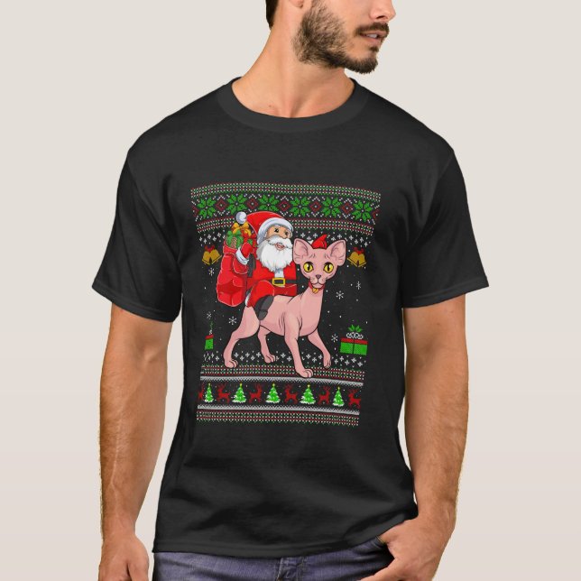 Ugly Xmas Sweater Funny Santa Riding Sphynx Cat Ch (Front)